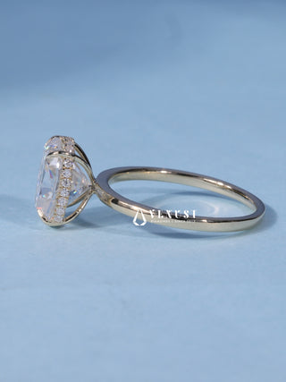 Shimmering 1.50ct cushion hidden halo moissanite ring side profile view