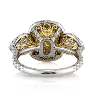 Yellow cushion three stone moissanite engagement ring angled sparkle view
