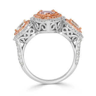 Light pink pear double halo moissanite ring close up detail