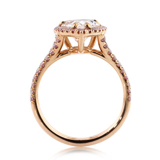 Vivid pear halo split shank moissanite ring close up detail