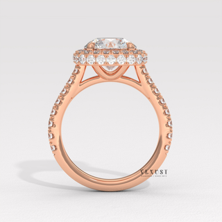 Sparkling Halo Pave Round Cut Moissanite Engagement Ring studio view