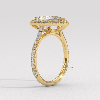 Halo Pave Pear Cut Moissanite Engagement Ring three quarter view
