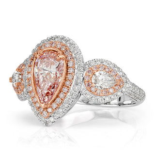 Light pink pear double halo moissanite ring side detail view