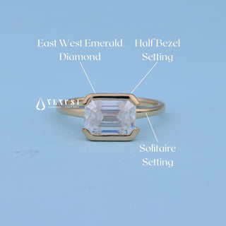 East West Emerald Cut Bezel Engagement Ring with Moissanite setting and band details