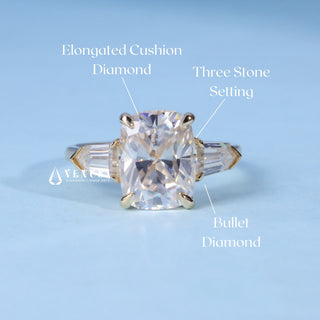 Elongated Cushion Cut Three Stone Moissanite Engagement Ring setting and band details