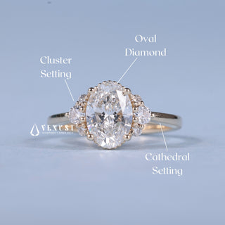 Sparkling 2.0ct oval cluster moissanite ring shown on a finger