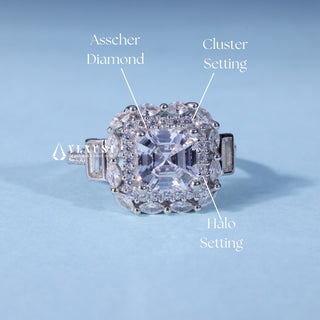Asscher Cut Halo Cluster Moissanite Engagement Ring setting and band details