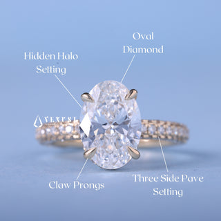 Modern 2.50ct oval hidden halo moissanite ring shown on a finger