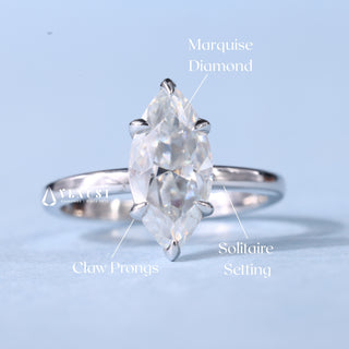 Timeless 1.50ct marquise solitaire moissanite ring shown on a finger