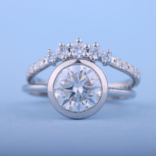 1.0CT Bezel Set Round Moissanite Diamond Solitaire Engagement Ring With Wedding Band
