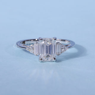 Emerald Cut Three Stone Moissanite Engagement Ring front view