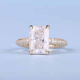 2.50CT Radiant Cut Moissanite Diamond Hidden Halo Three Side Pave Engagement Ring