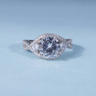 Round Moissanite Split Shank Halo Engagement Ring with Pave front view