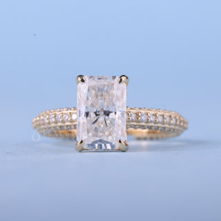 2.0CT Radiant Cut Moissanite Diamond Hidden Halo Three Side Pave Engagement Ring