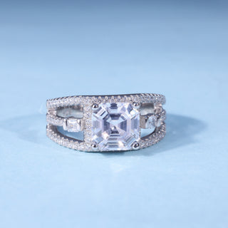 Asscher Cut Moissanite Halo Cluster Engagement Ring front view