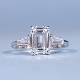 Chic 2.0ct emerald three stone moissanite ring front view