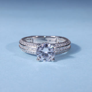 Round Cut Moissanite Three Row Pave Engagement Ring front view