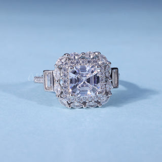 Asscher Cut Halo Cluster Moissanite Engagement Ring front view
