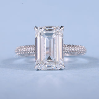 2.50CT Emerald Cut Moissanite Diamond Hidden Halo Three Side Pave Engagement Ring