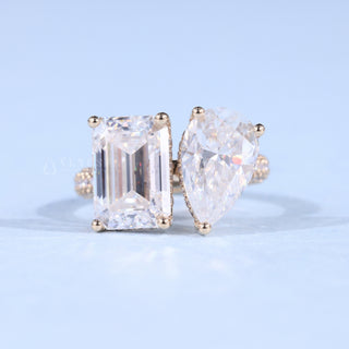 1.0CT Emerald & Pear Moissanite Diamond Hidden Halo Toi Et Moi Engagement Ring