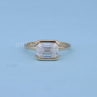 East West Emerald Cut Bezel Engagement Ring with Moissanite front view