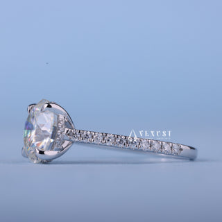 Shimmering 1.50ct round hidden halo moissanite ring side profile view