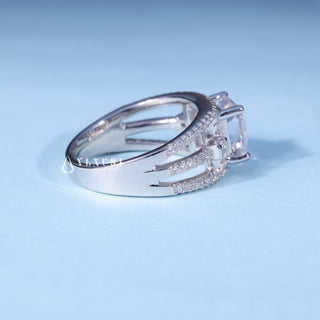 Angled view of Asscher Cut Moissanite Halo Cluster Engagement Ring