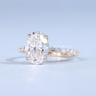 Stunning 2.50ct oval hidden halo moissanite ring angled view showing its sparkle