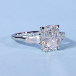 Side profile of Three Stone Cushion Cut Moissanite Engagement Ring