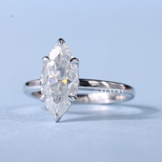 Timeless 1.50ct marquise solitaire moissanite ring angled view showing its sparkle