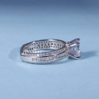 Side profile of Round Cut Moissanite Three Row Pave Engagement Ring