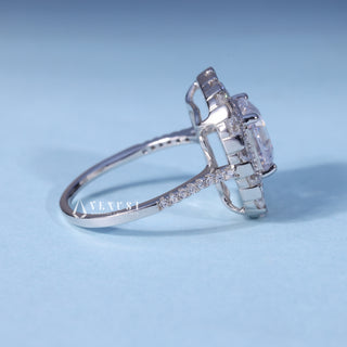 Side profile of Asscher Cut Cathedral Moissanite Engagement Ring with Halo