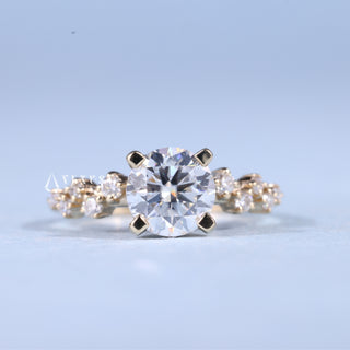 Brilliant 1.0ct round cluster moissanite ring angled view showing its sparkle
