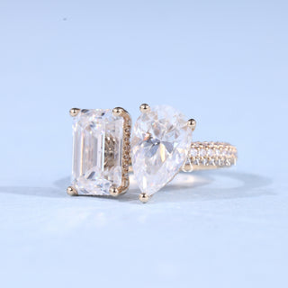 1.0CT Emerald & Pear Moissanite Diamond Hidden Halo Toi Et Moi Engagement Ring