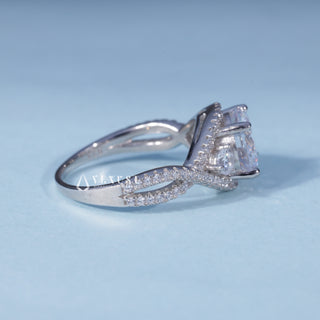 Side profile of Round Moissanite Split Shank Halo Engagement Ring with Pave