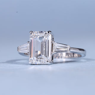 Chic 2.0ct emerald three stone moissanite ring angled view showing its sparkle