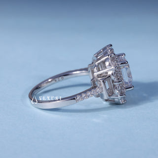 Side profile of Asscher Cut Halo Cluster Moissanite Engagement Ring