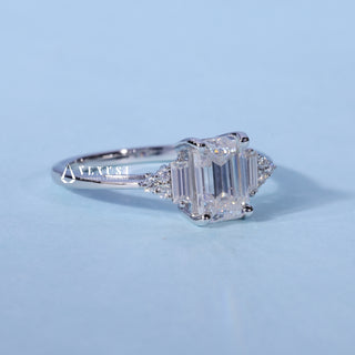 Side profile of Emerald Cut Three Stone Moissanite Engagement Ring