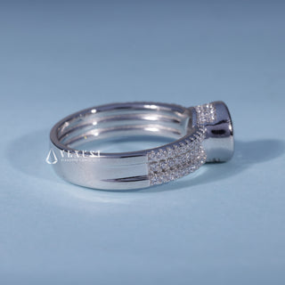 Side profile of Round Moissanite Three Row Pave Engagement Ring with Bezel