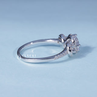 Side profile of Round Halo 3 Stone Moissanite Engagement Ring with Pave
