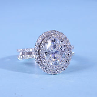 1.50CT Oval Moissanite Diamond Double Halo Two Row Pave Engagement Ring
