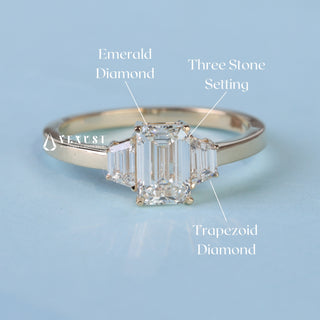 Emerald Cut 3 Stone Moissanite Engagement Ring with Accents setting and band details