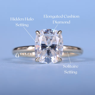 Timeless 1.50ct cushion hidden halo moissanite ring shown on a finger