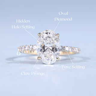 Stunning 2.50ct oval hidden halo moissanite ring shown on a finger