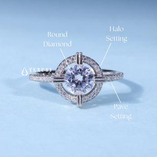 Round Brilliant Moissanite Halo Pave Engagement Ring setting and band details