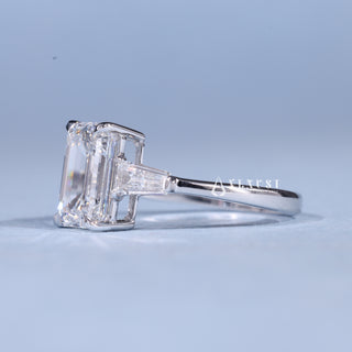Chic 2.0ct emerald three stone moissanite ring side profile view