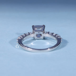 Angled view of Moissanite Asscher Cut Engagement Ring with Pave Band