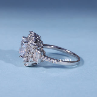 Angled view of Asscher Cut Halo Cluster Moissanite Engagement Ring