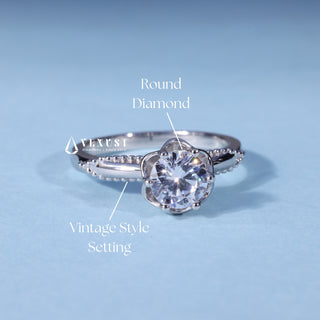 Round Cut Vintage Moissanite Engagement Ring with Filigree setting and band details