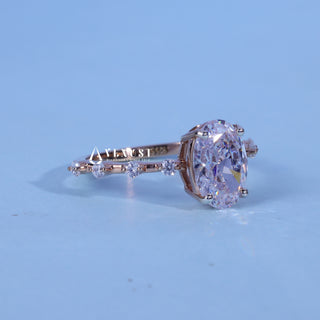 Angled view of Oval Cut Moissanite Petite Pave Engagement Ring Solitaire